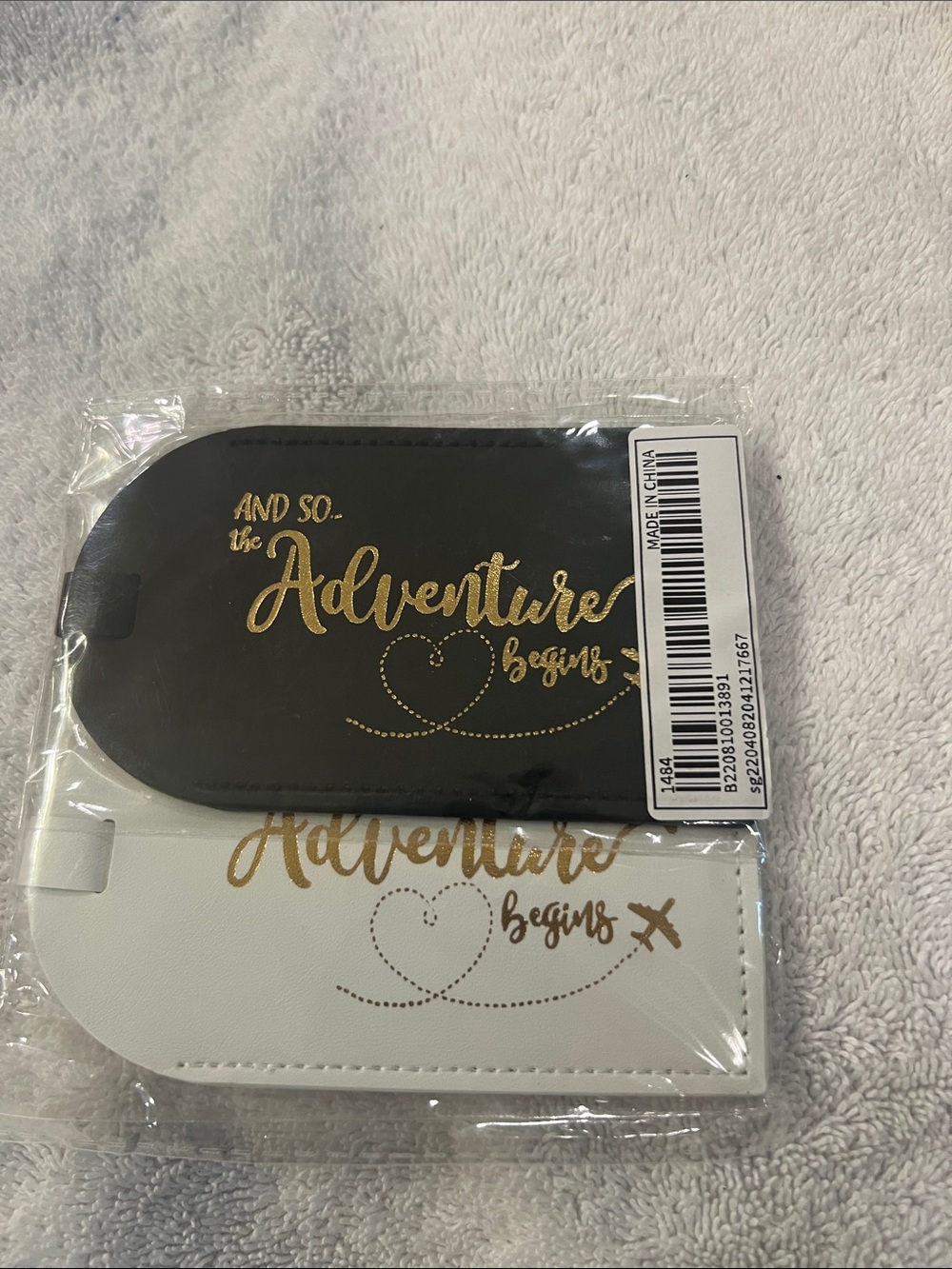 Adventure Begins Luggage Tag - Black & White with Gold Foil